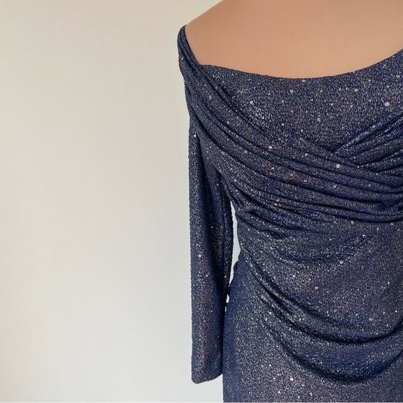 Talbot Runhof Mermaid Royal Navy Glitter Sequin Off The Shoulder Metallic Gown 8 - Picture 7 of 12